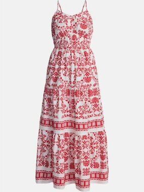 Excellent Condition, SZ M (8-10) 100% COTTON, Tiered Maxi Dress, Red Print